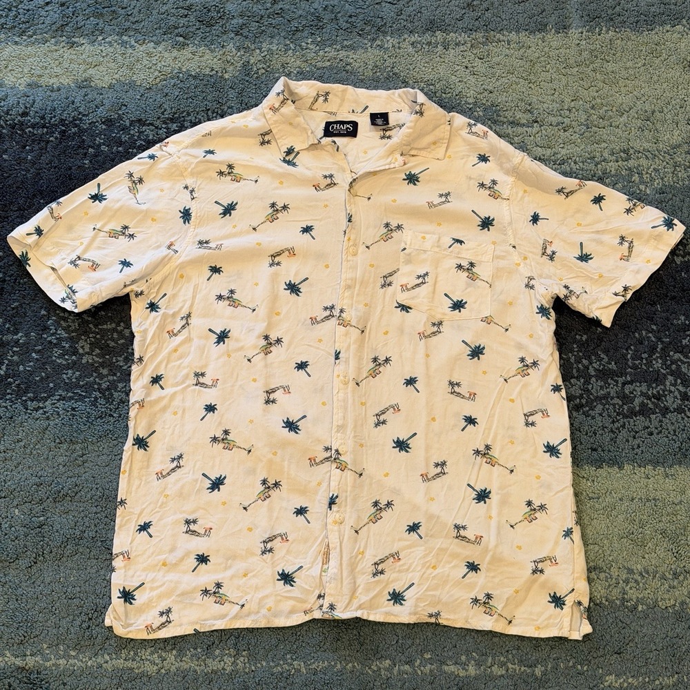 Chaps Men's Large Hawaiian Palm Tress Button Up Short Sleeve Shirt White